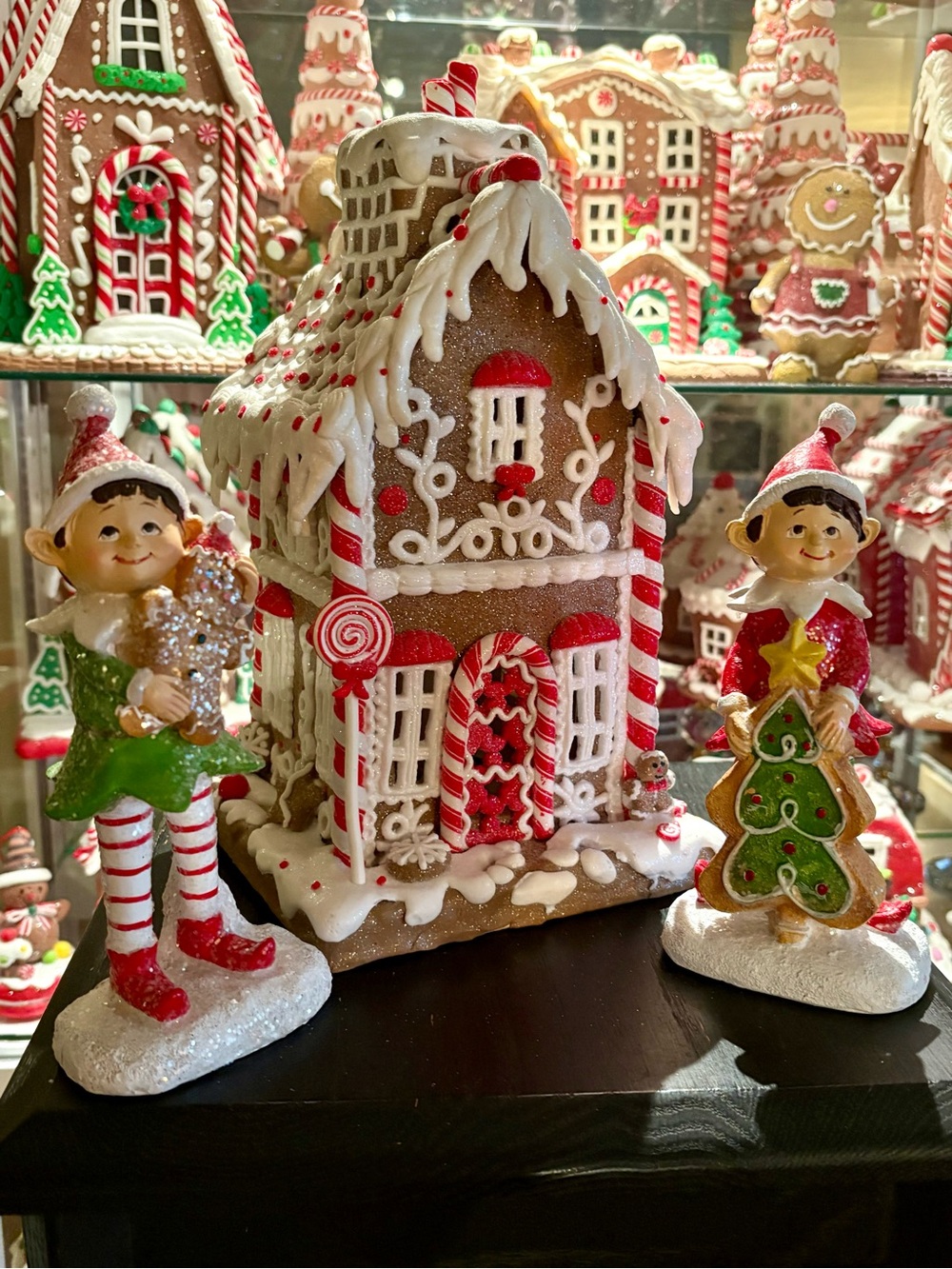 Illuminated Gingerbread Peppermint Candy House & Elf Figurines Bundle